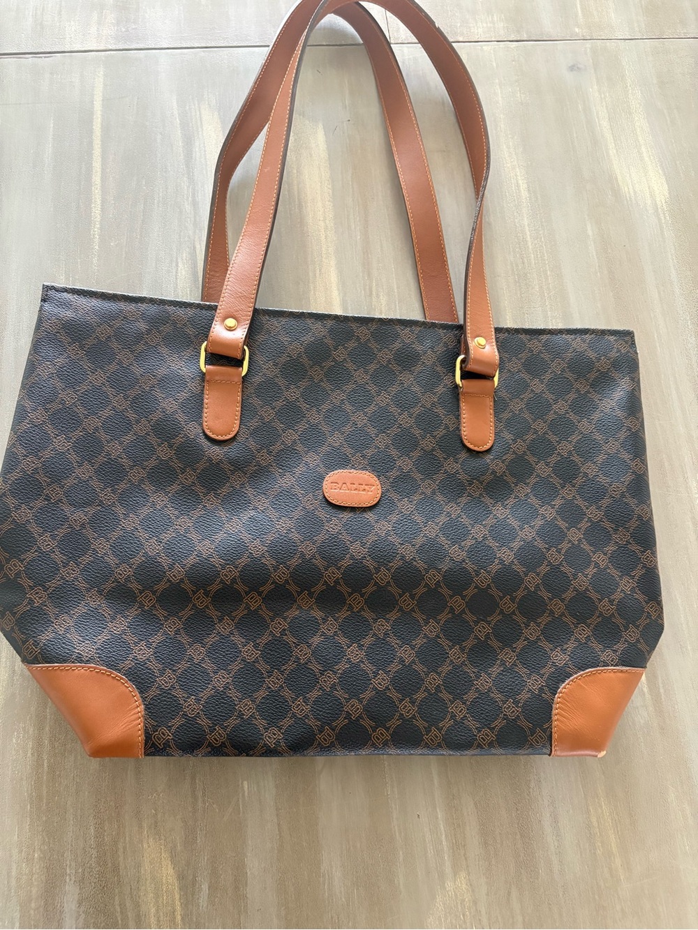 Bally Brown Patterned Tote Bag with Tan Trim
